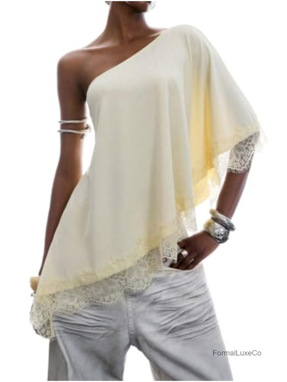 Y2K One Shoulder Lace Asymmetrical Top Flowy Lightweight Going Out